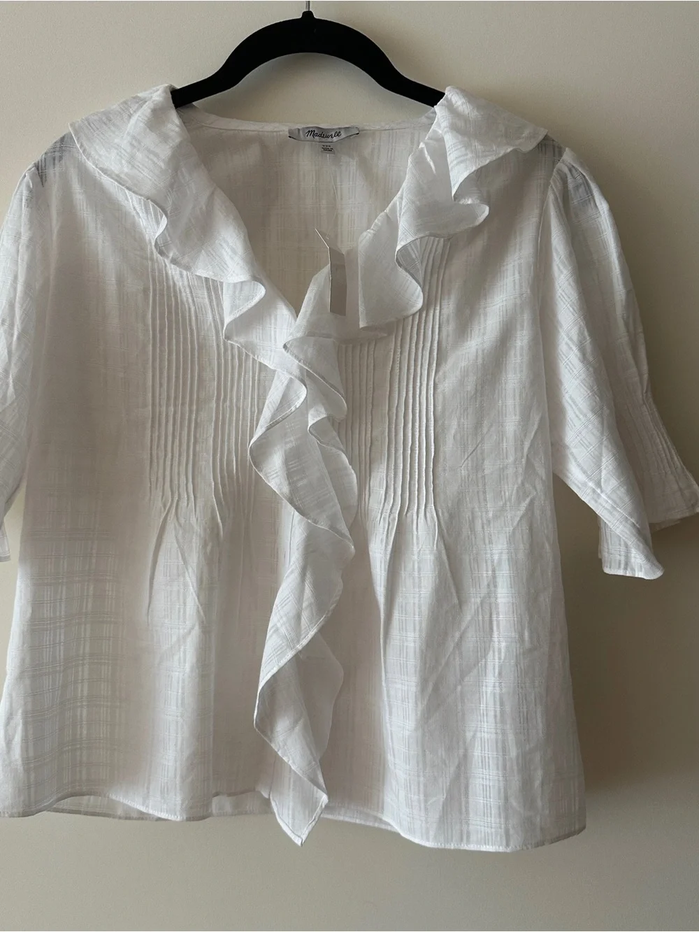 NWT Madewell Ruffle Puff-Sleeve Peplum Top in Windowpane | Size XXS